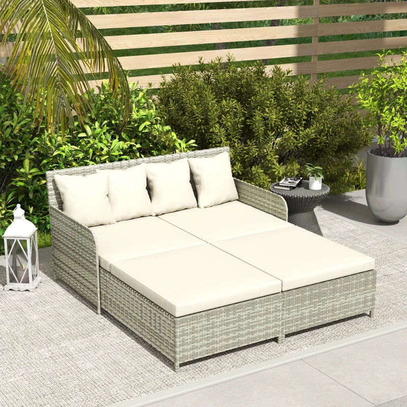 Rattan Outdoor Daybed, Sunbed Loveseat with Soft Cushions, 4 Pillows, Curved Backrest & Armrest, Beige