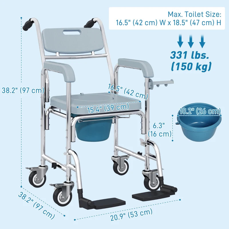 Rolling Shower Chair, Bedside Commode Chair with Wheels, Backrest, Arms, Flip Footrests for Seniors, Disabled, Grey