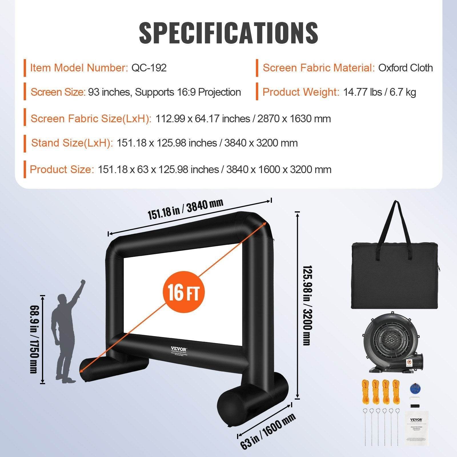 Inflatable Movie Screen, 16 FT Inflatable Projector Screen For Outside With Blower And Carrying Bag, Front Rear Projection, Oxford Fabric Blow Up Screen For Outdoor Parties Backyard Movie Nig 