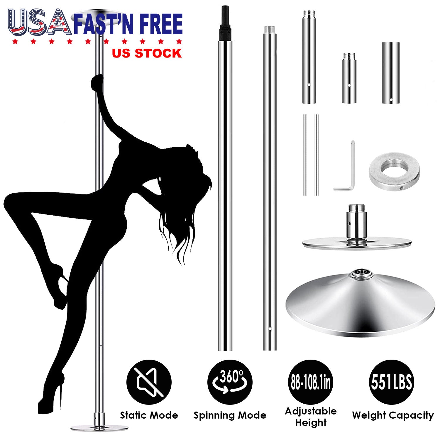 Stripper Dance Pole 45mm Spinning Static Dancing Pole with 88-108.1in Adjustable Height 551LBS Weight Capacity for Fitness Exercise Party Home Club Gy 