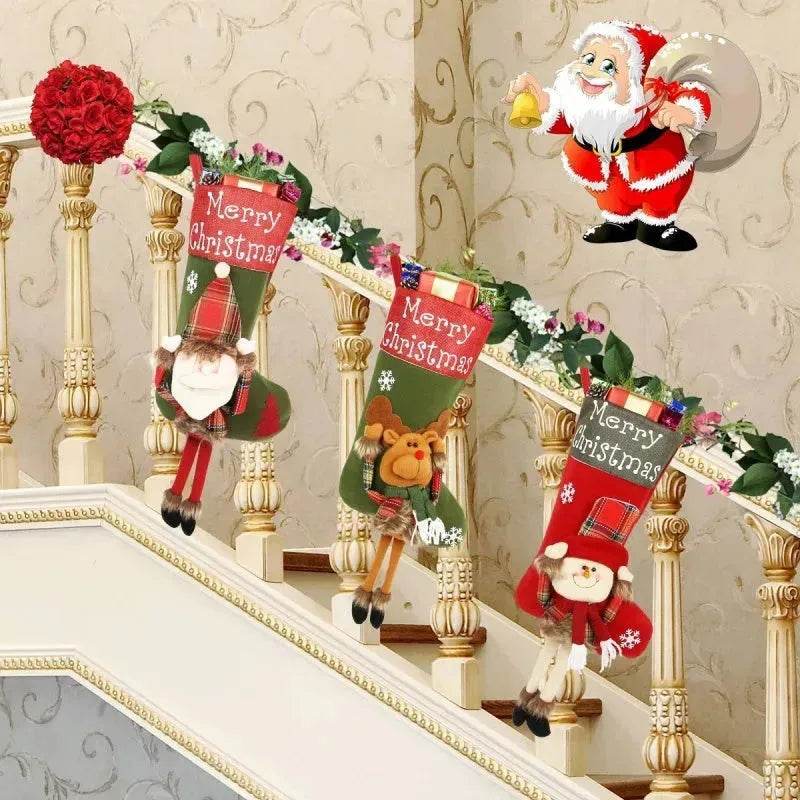 2024 New Year Xmas Big Stockings Set Decorations Christmas 3D Plush Big Sock Christmas Tree Pendant Decorating Supplies 