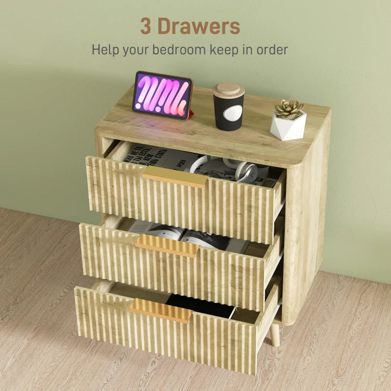 Fluted Chest of Drawers, Modern 3 Drawer Dresser with Pine Wood Legs, Finger Pulls for Closet, Living Room, Hallway, Oak