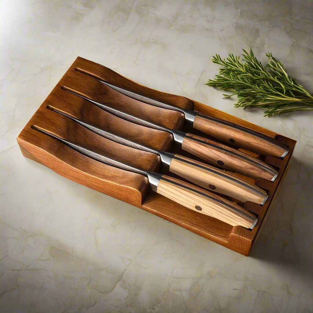 Ginza Steel AMELIA Five – 4-Piece VG10 Damascus Steel Steak Knife Set with Wood Block 