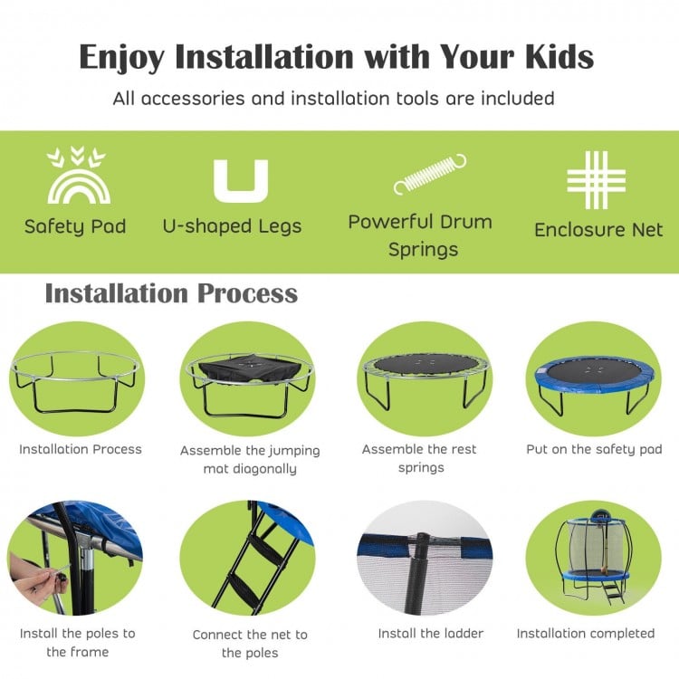 8/10/12 Feet Recreational Trampoline with Basketball Hoop Safety Enclosure Net Ladder