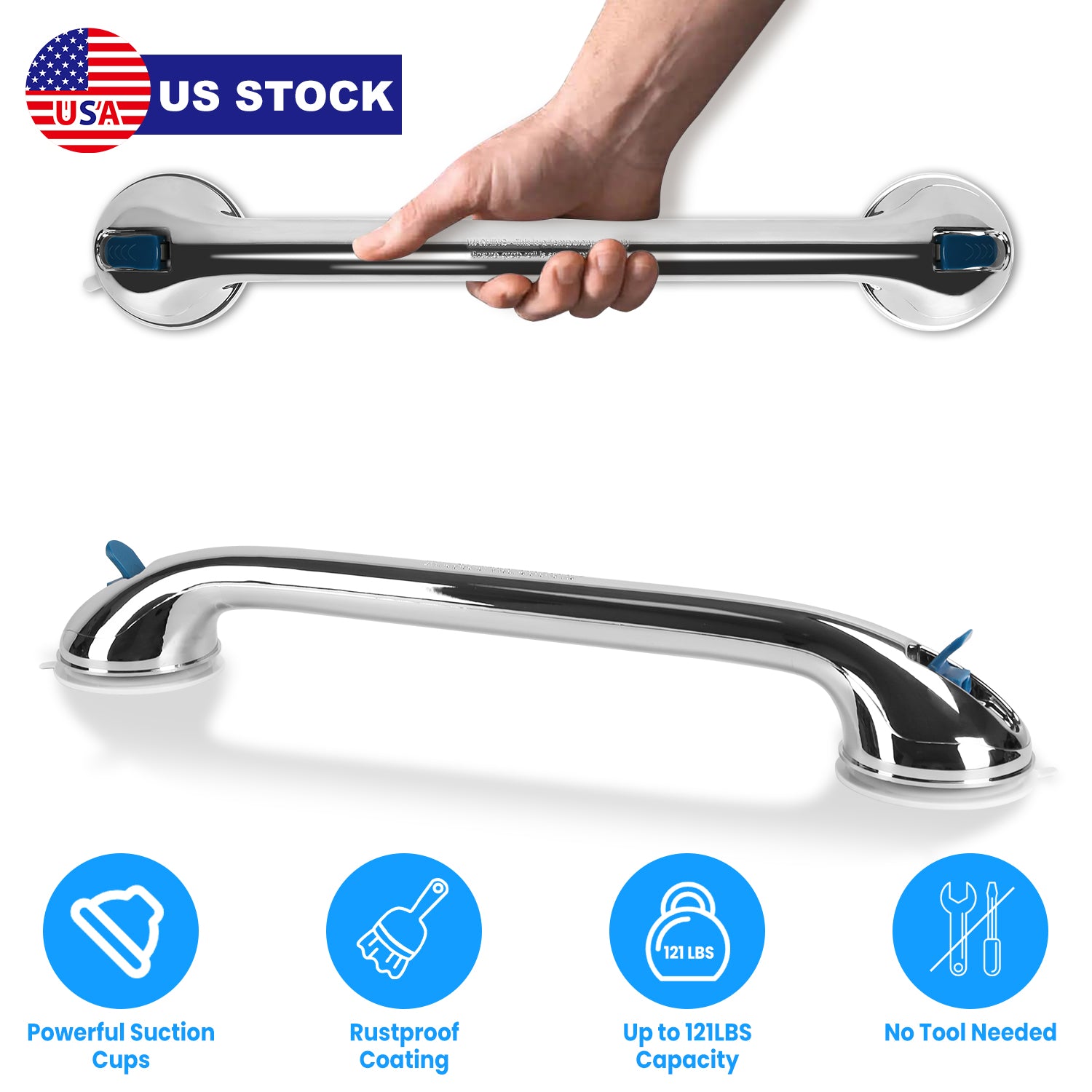 2Pcs Shower Grab Bars with Powerful Suction Cups 21.7in Long Waterproof Rustproof Bathroom Stool Bathtub Handicap Shower Grip Handle For Senior Elderl