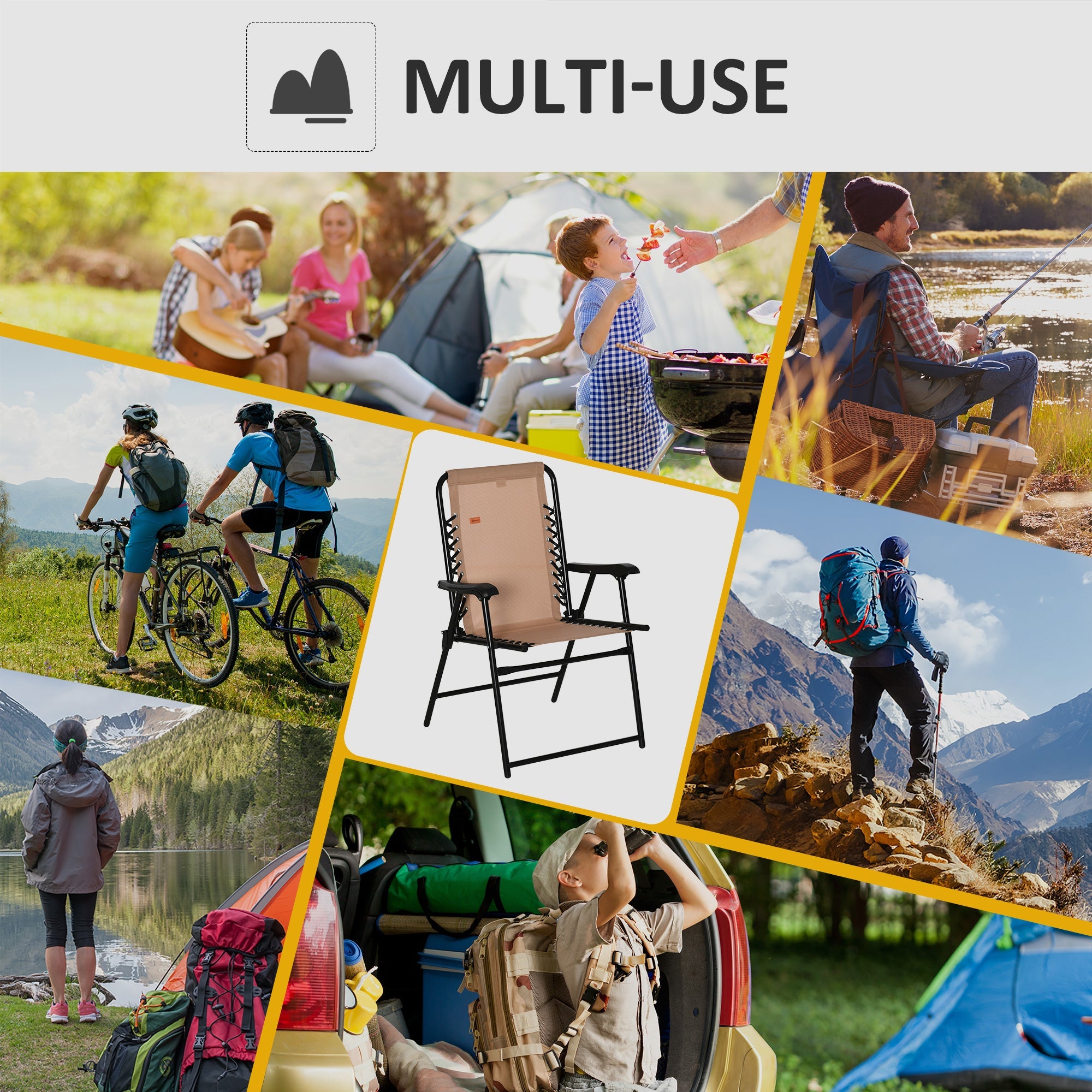 Outsunny Outdoor Folding Chair, Bungee Sling Foldable Chair with Armrests, Folding Lawn Chair for Camping, Garden, Pool, Beach, Backyard, Beige 