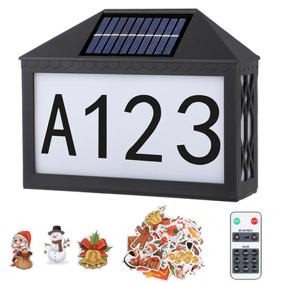 Christmas Solar Address Sign IP55 Waterproof Colorful House Numbers Plaque Wall Mounted LED Address Sign with 9 Lighting Modes Remote Control for Yard 