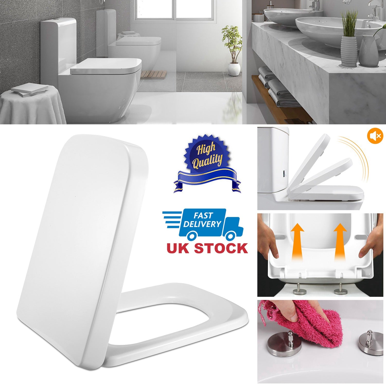 Square Toilet Seat with Grip-Tight Seat Bumpers Heavy-Duty Quiet-Close Quick-Release Easy Cleaning White UK 