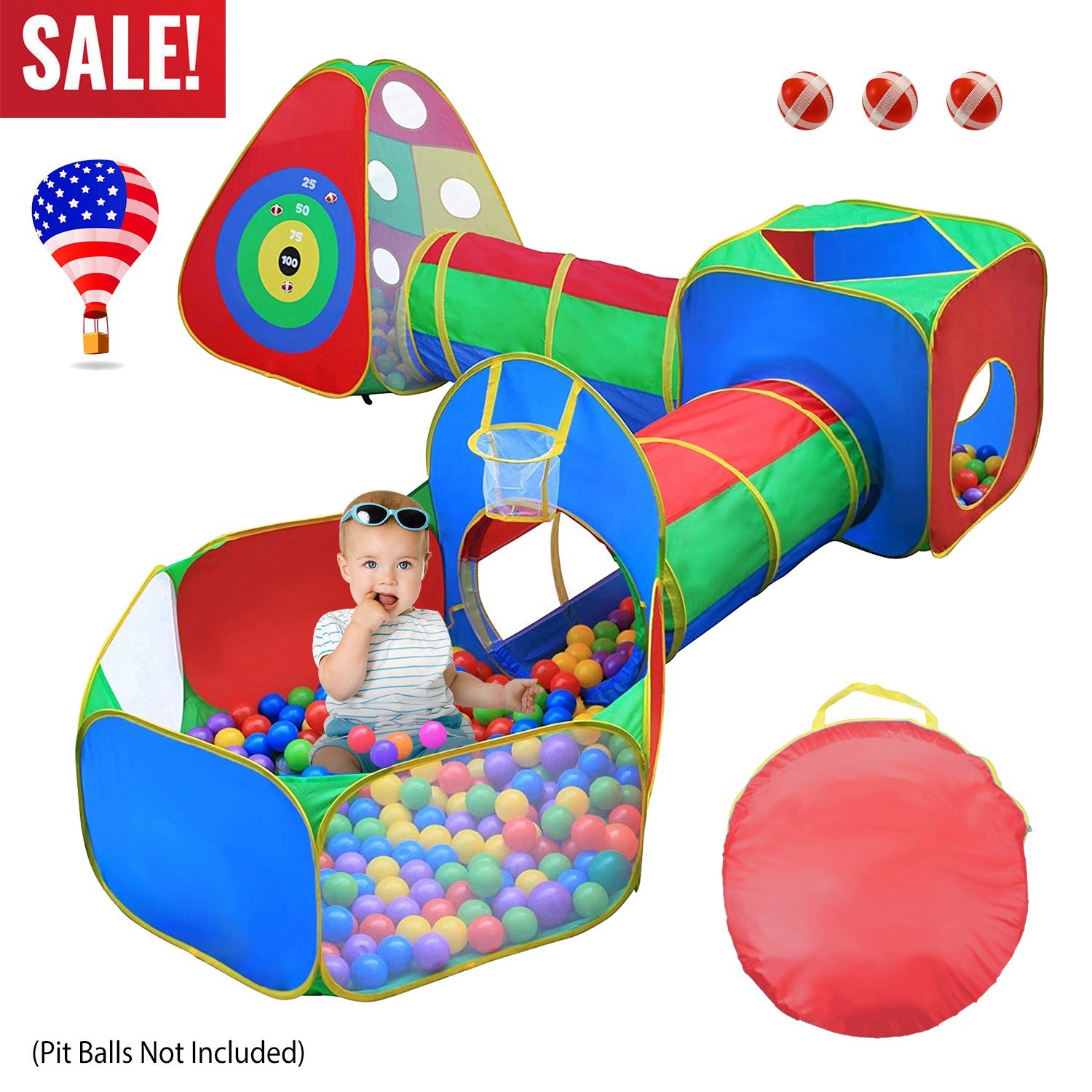 5Pcs Kids Ball Pit Tents Pop Up Playhouse w/ 2 Crawl Tunnel & 2 Tent For Boys Girls Toddlers Preschool Children Indoor Outdoor