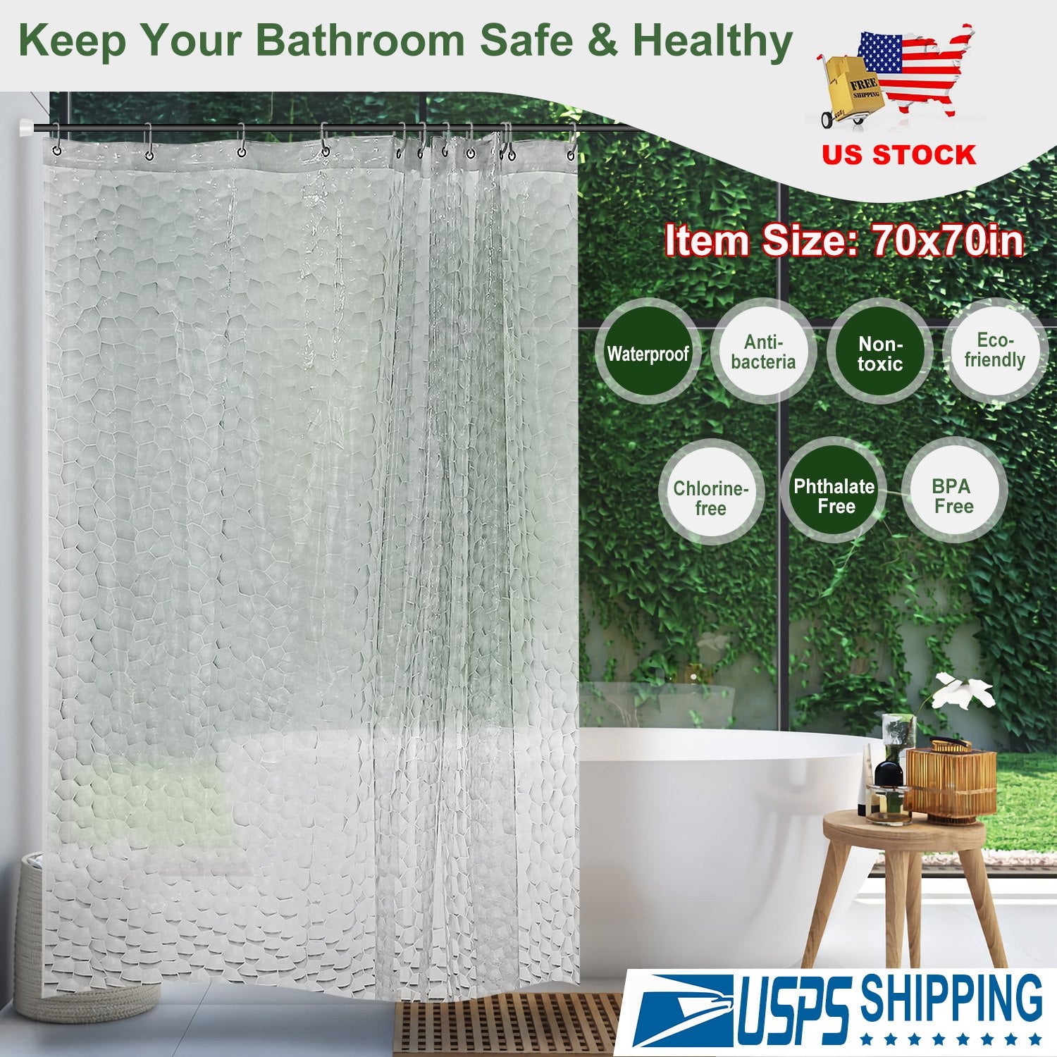 Shower Curtain Waterproof 70x70 Inches Bathroom Shower Curtain Liner EVA Bathroom Curtain w 12 Hooks for Bathtub Shower Stall