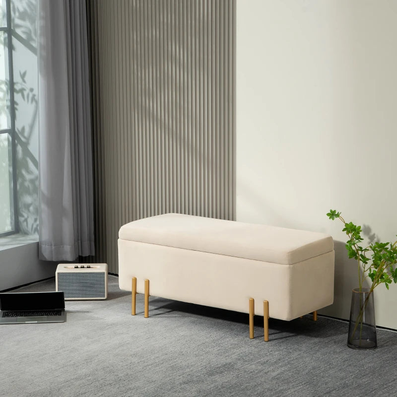 Storage Ottoman Bench, Flip-Top Bedroom Bench, 18.5 Gallons, Modern Velvet Storage Chest with Metal Legs, Beige