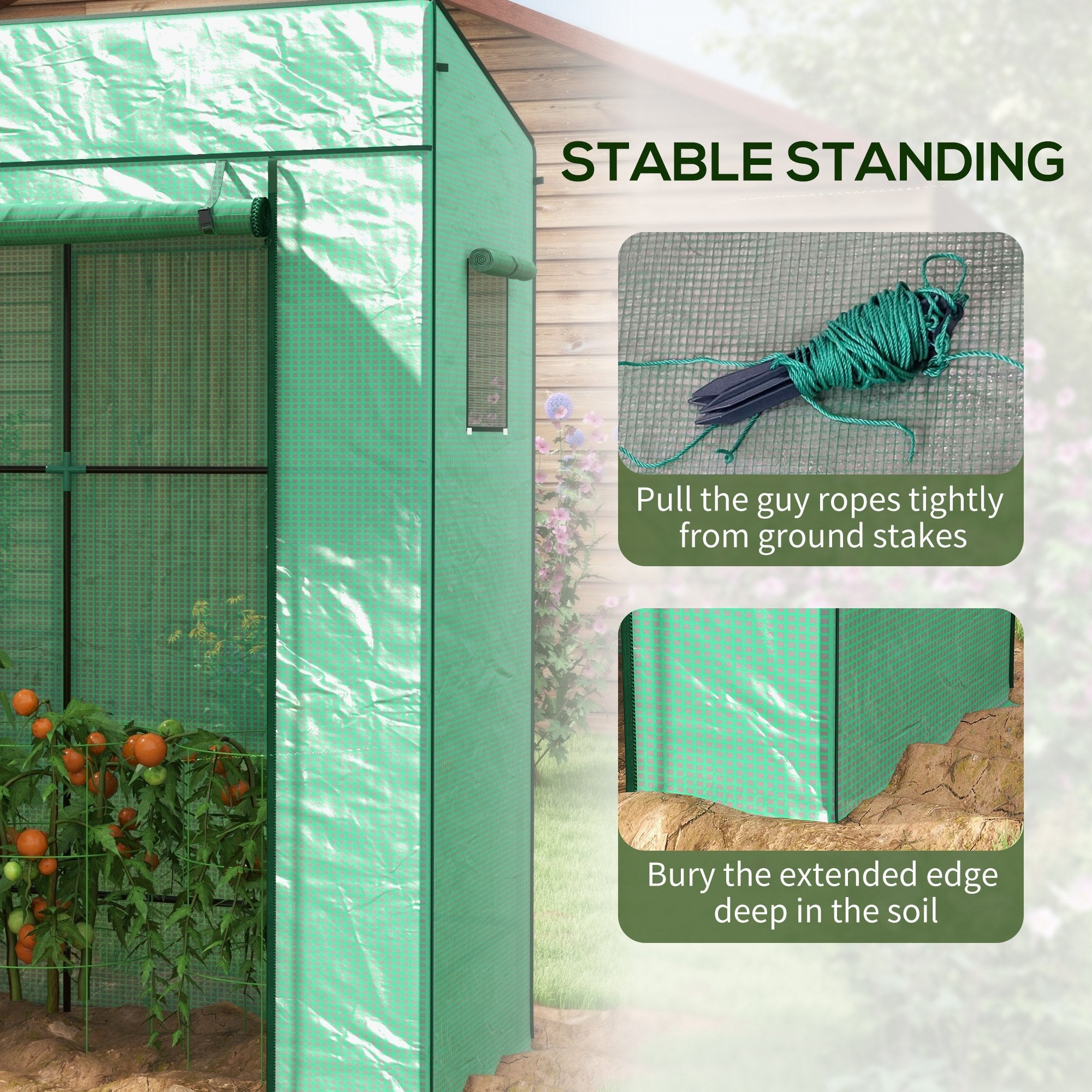 Outsunny Garden Greenhouse Enclave: Walk-In Lean-To with Reinforced PE Cover, Roll-Up Entry Mesh Vents Green 