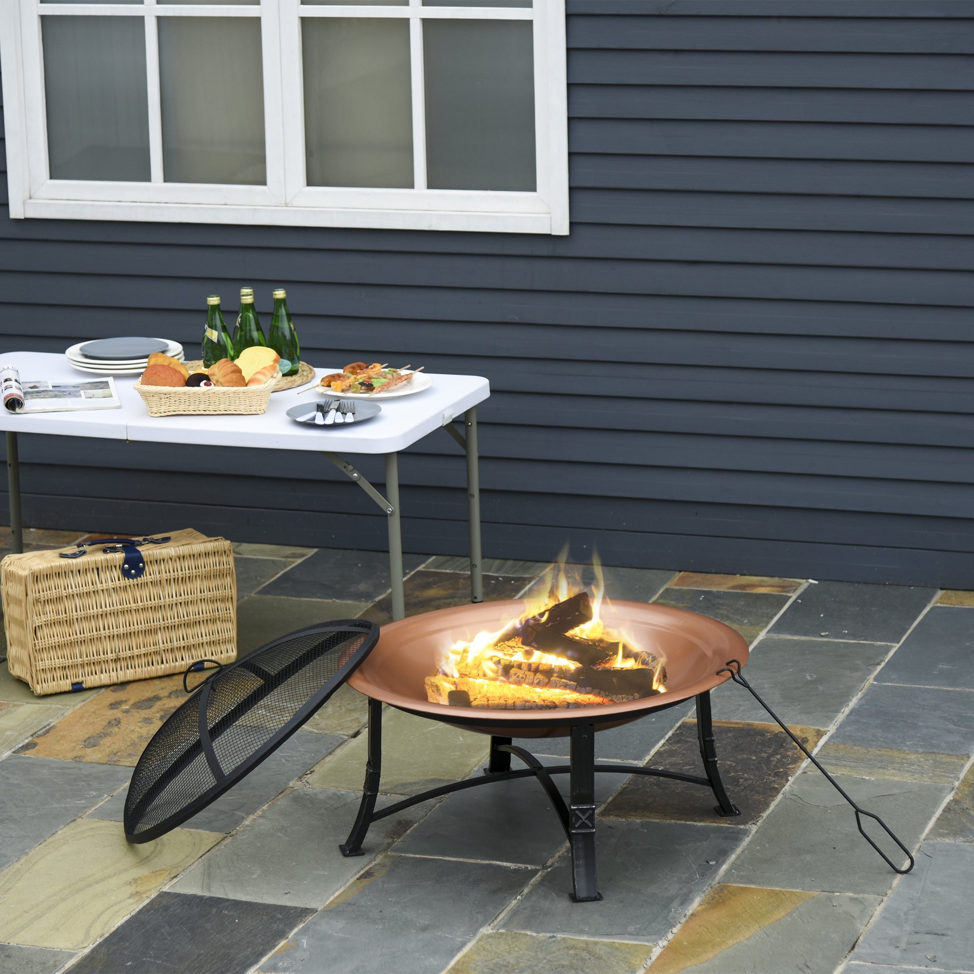 Outsunny 30" Outdoor Fire Pit Bowl, Round Fire Pit with Lid, Log Grate, Poker for Backyard, Camping, Picnic, Bronze 