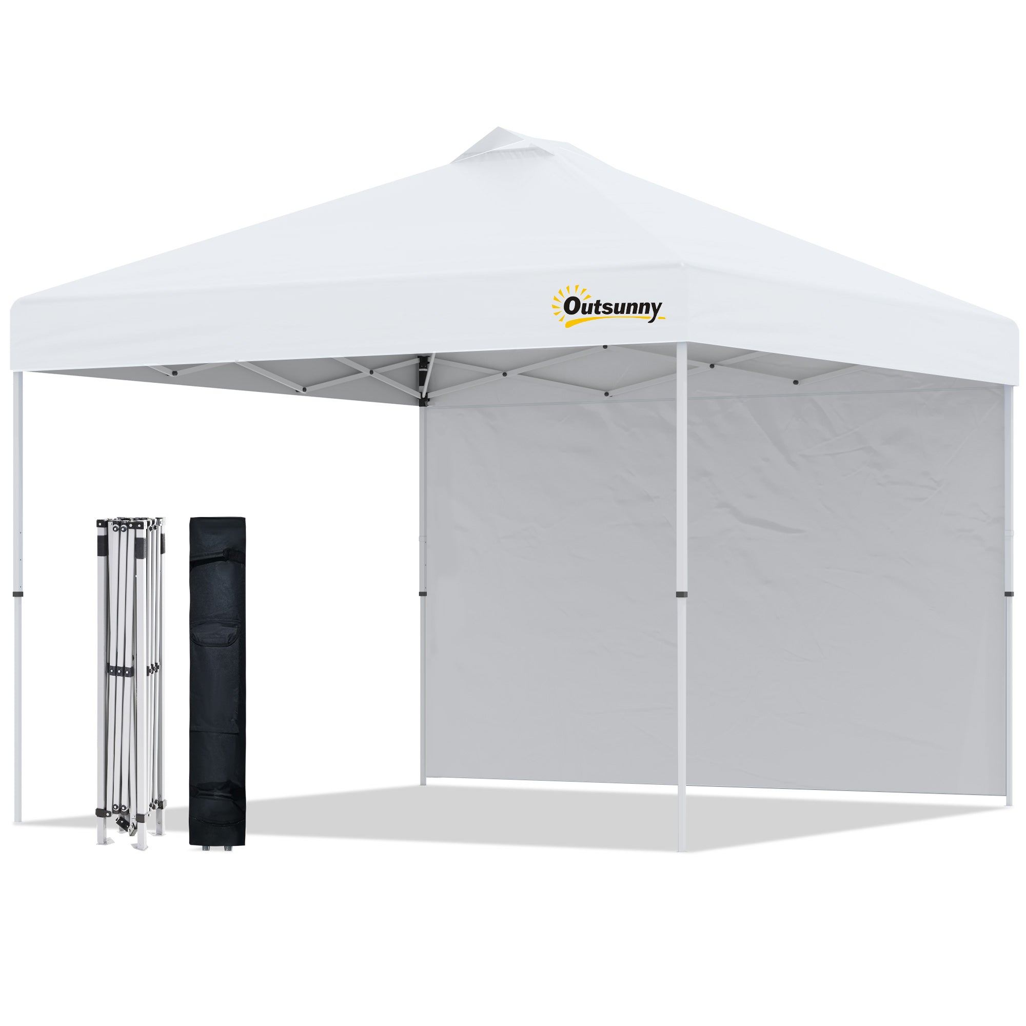 Outsunny 10' x 10' Pop Up Canopy Tent with Adjustable Height, 1 Sidewall, and Wheeled Carry Bag for Outdoor, Garden, Patio, White 