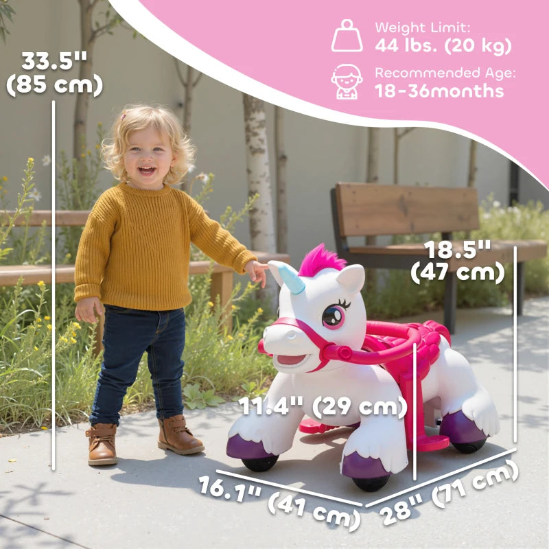 Qaba 12V Unicorn Ride on Toy, Battery Powered Kids Electric Ride on Horse with Carrot Toy, Comb, Animal Sounds, for Age 18-36 months