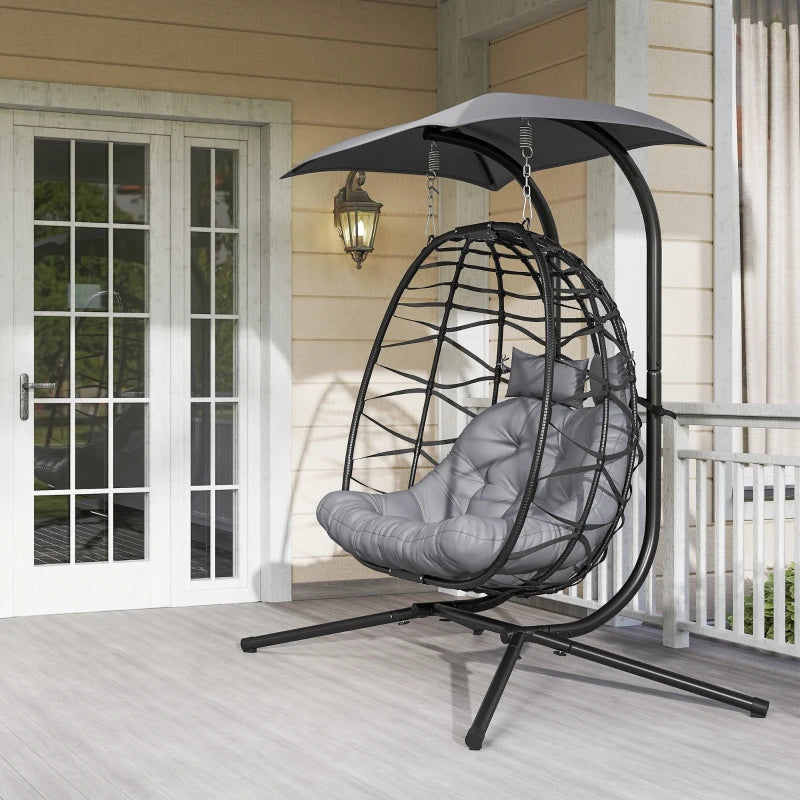 Double Wicker Egg Swing Chair with Canopy, Foldable Hanging Egg Chair with Stand Cushion Headrest, Black