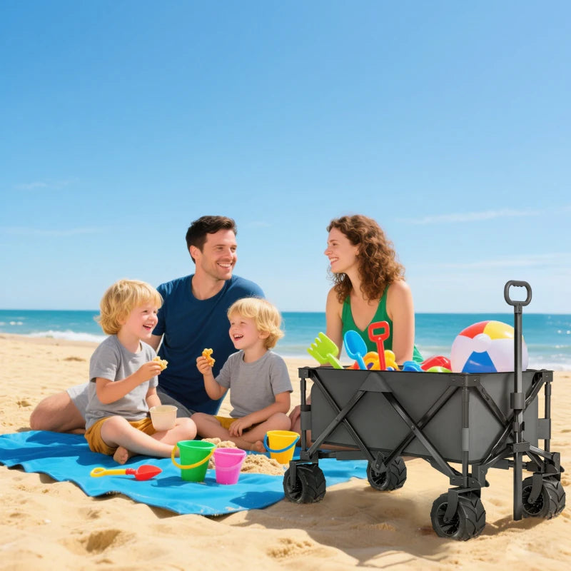Outdoor Pull Along Trailer Folding Camping Trailer for Beach Garden with Handle, Anti-Slip Wheel - Dark Grey