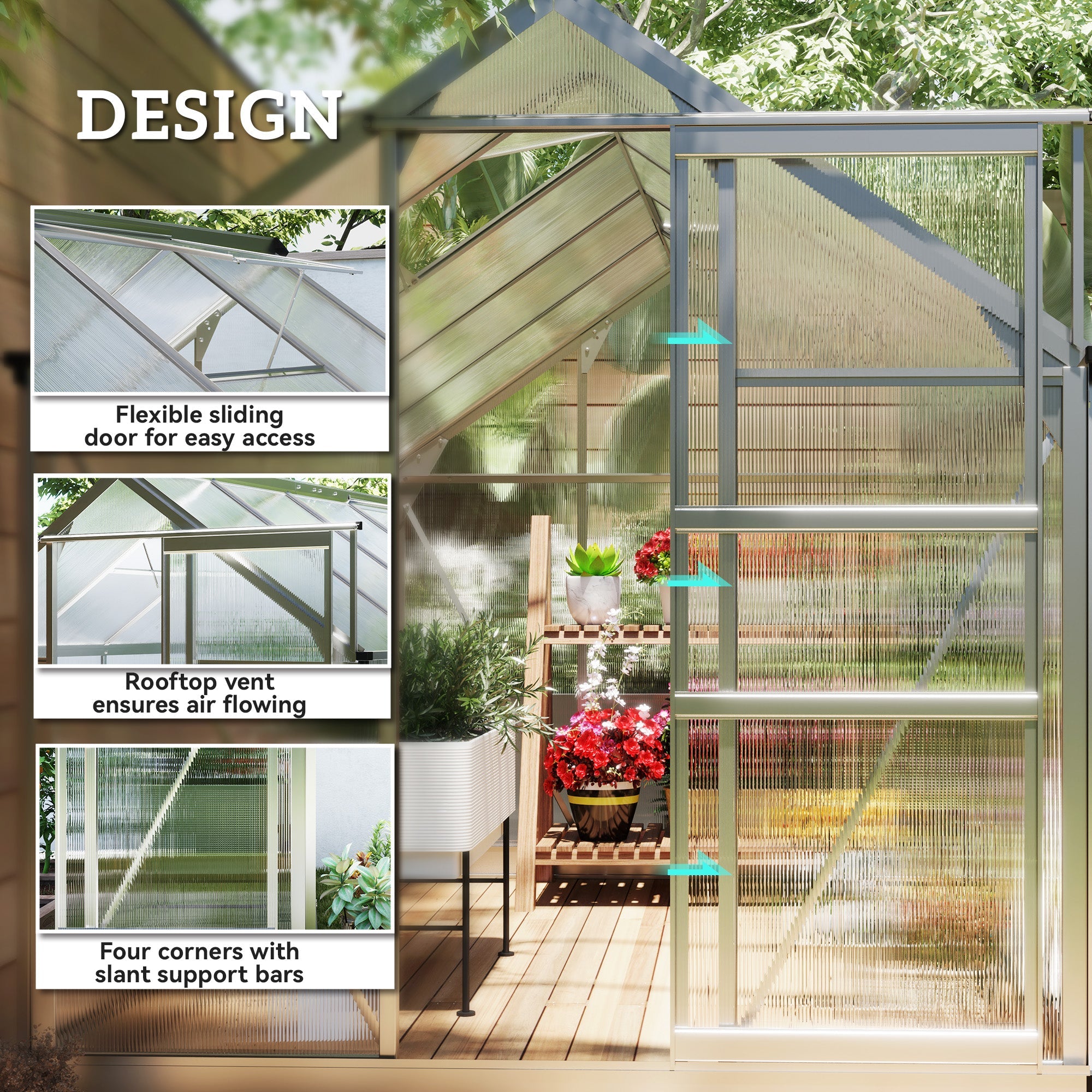Outsunny 6' x 10' x 6.6' Polycarbonate Greenhouse, Walk-In Green House Kit Garden, Plants Grow, Galvanized Sheet Aluminum Frame with Rain Gutter, Vents and Sliding Door, Sliver 
