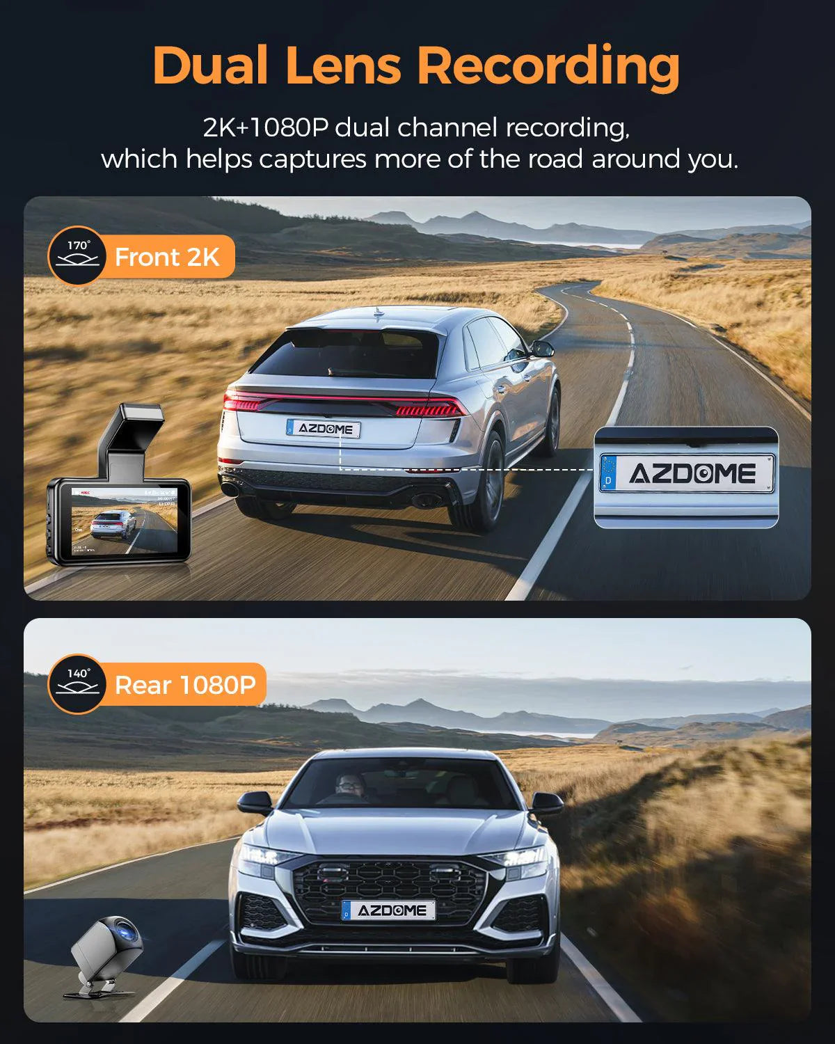 AZDOME M17 Pro 3.0 Inch ADAS Time Lapse Front and Rear 1080p Dual Lens Car Dashboard Camera App Control Car Camera 
