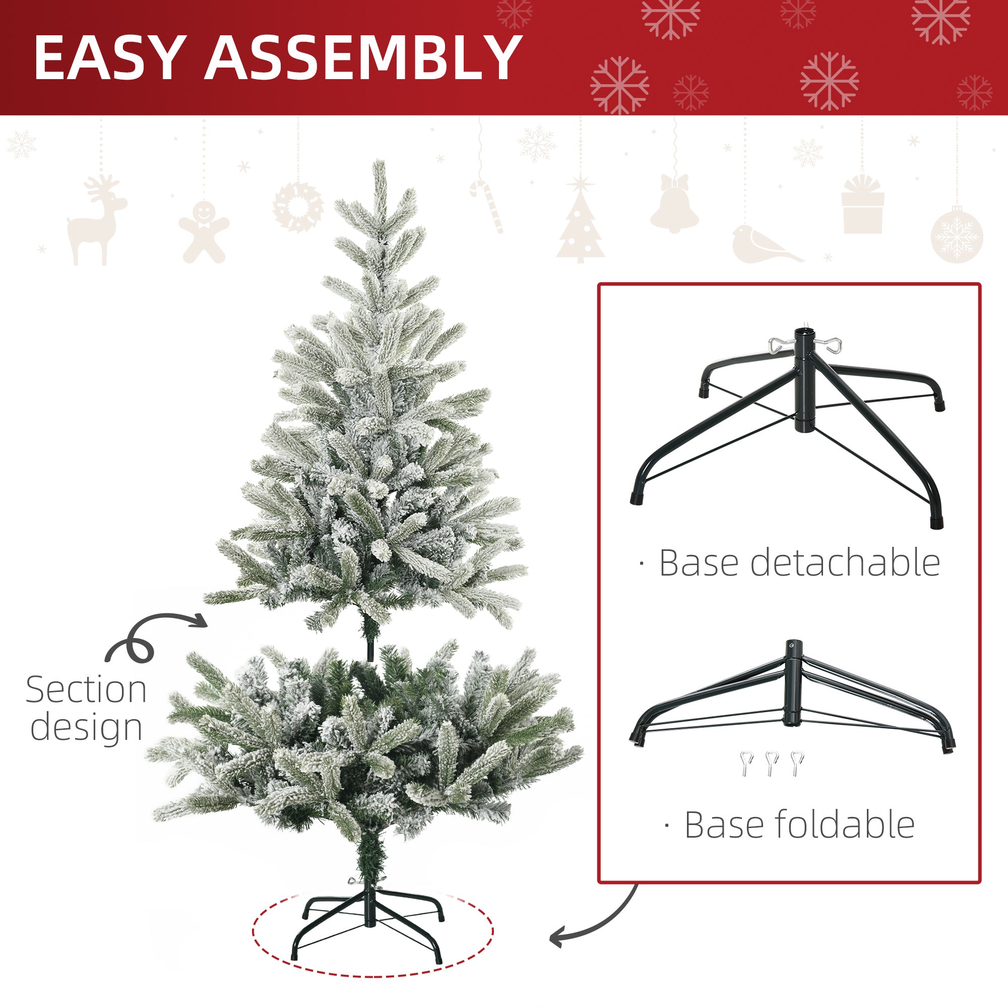 HOMCOM 5ft Artificial Snow-Flocked Tree Holiday Home Indoor Christmas Decoration with Metal Feet, Green 