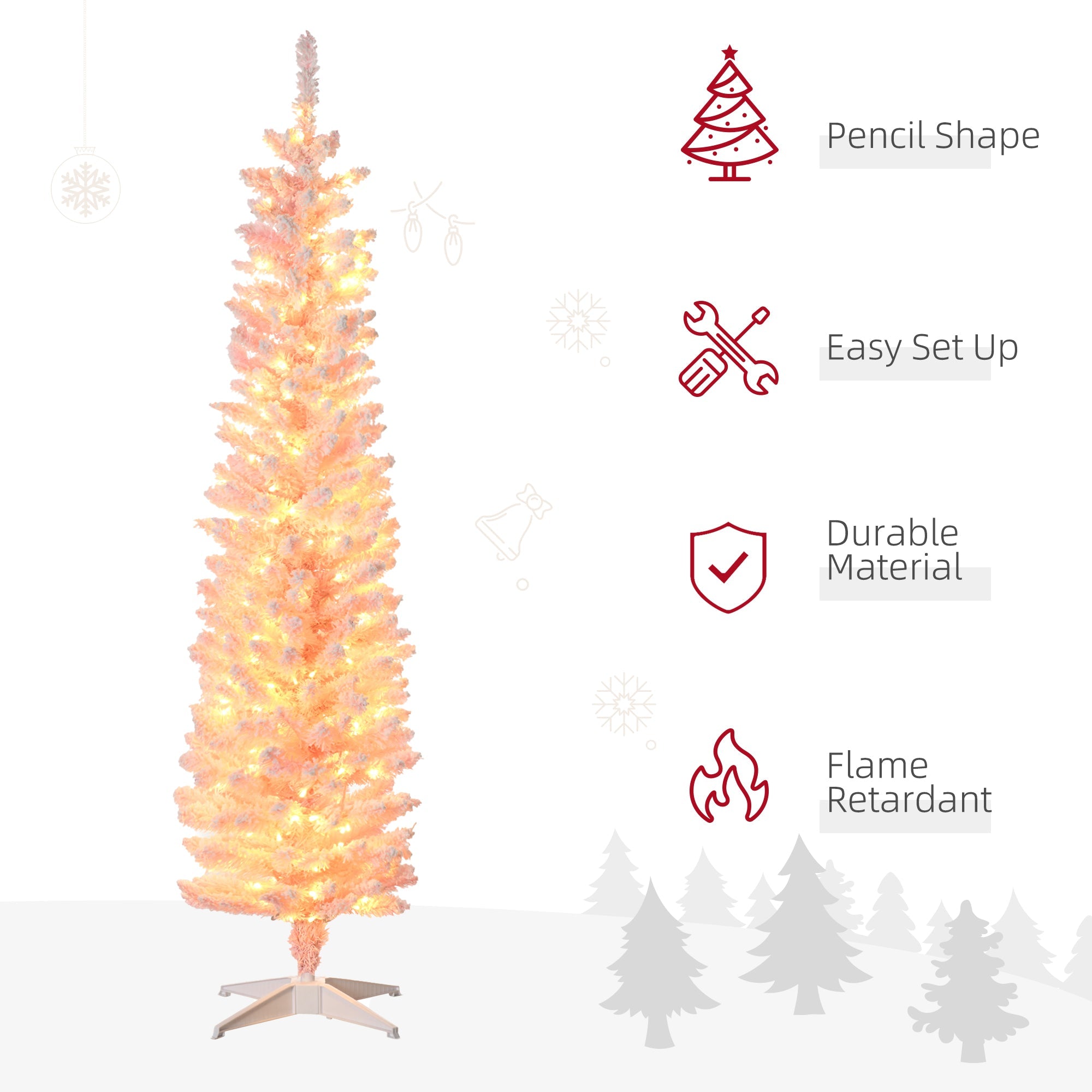 HOMCOM 6' Flocked Christmas Trees, Pencil Prelit Artificial Christmas Tree with Snow Branches, Pink 