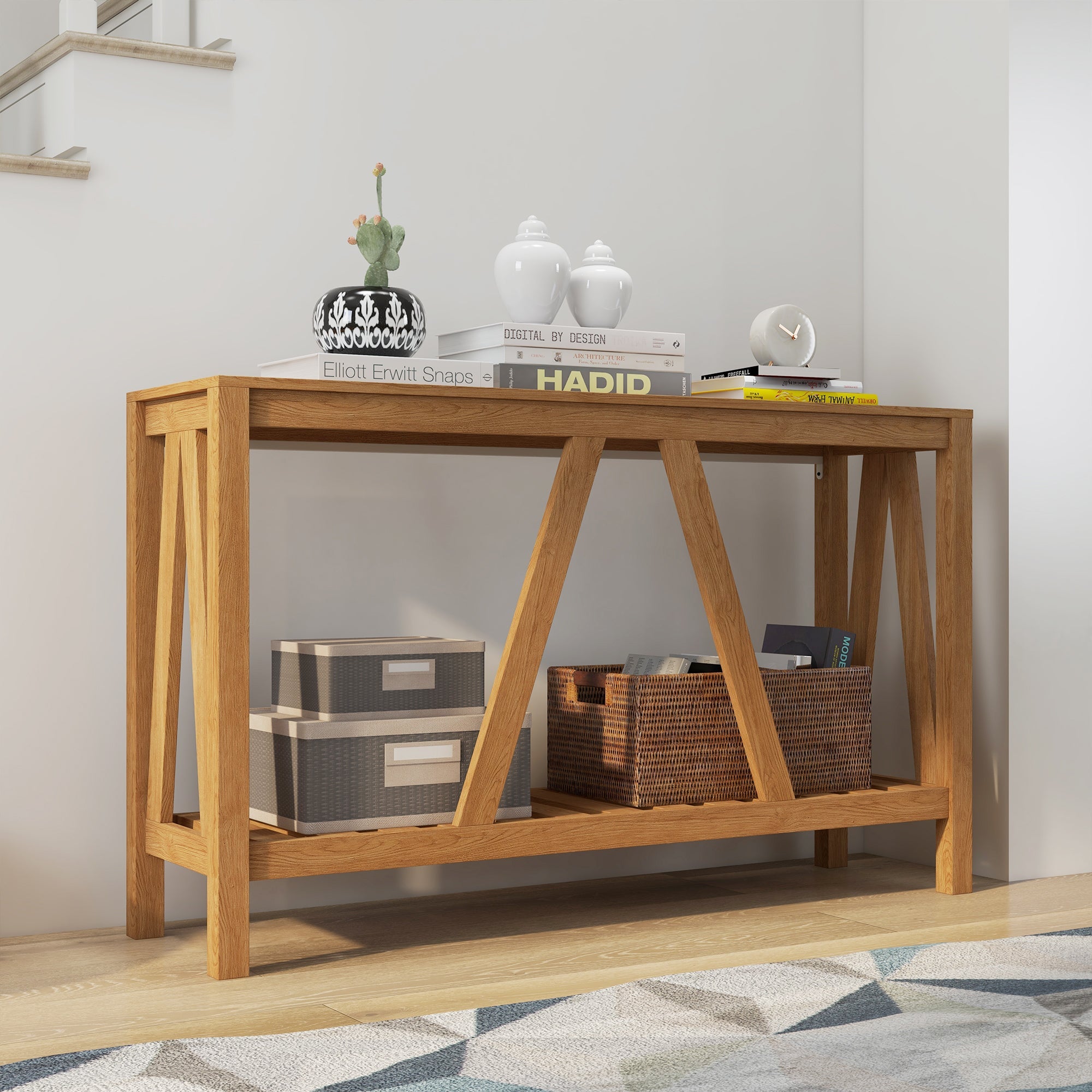 HOMCOM Rustic Console Table: Farmhouse Sofa Table with Storage Shelf & Anti-Tipping Design, Living Room/Bedroom/Entryway, Brown 