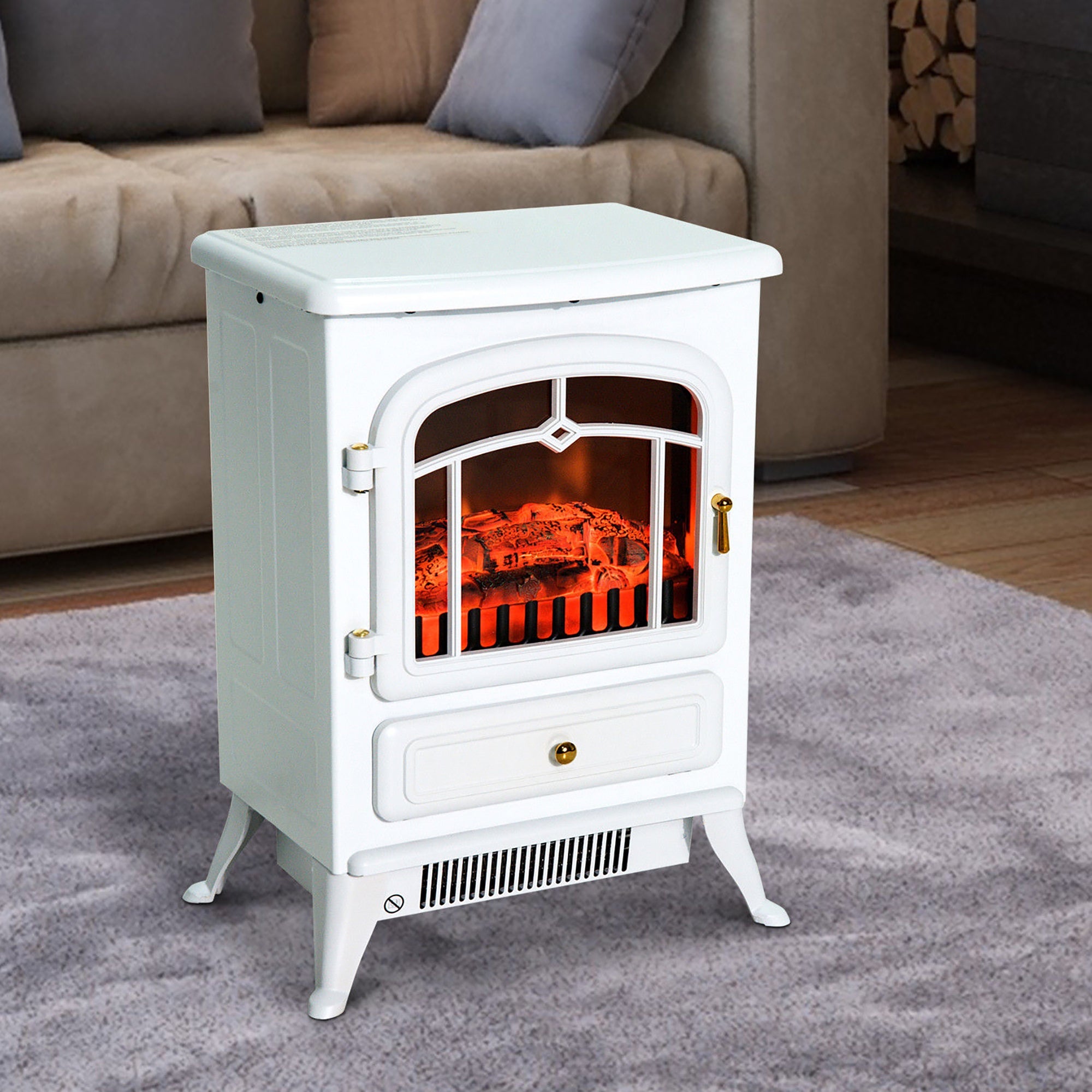HOMCOM 16" Freestanding Electric Fireplace Heater Fire Stove with Wood Burning Flame 750/1500W White 