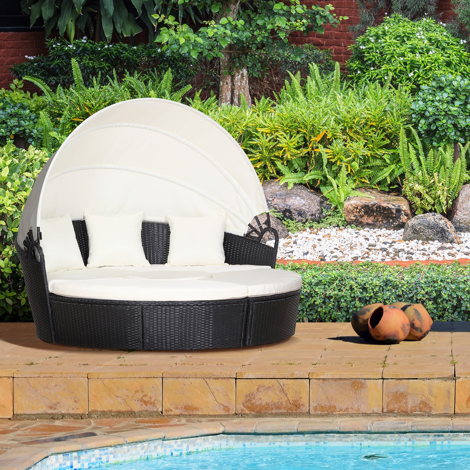 Outsunny Patio Furniture Set 4-Piece Outdoor Daybed with Cushioned Lounge Chair Round Sofa Bed Canopy Coffee Table Cream White 