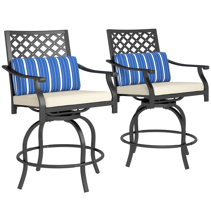 Outdoor Bar Stools Set of 2, Bar Height Swivel Patio Chairs with Cushion, Pillow Footrest for Poolside, Backyard