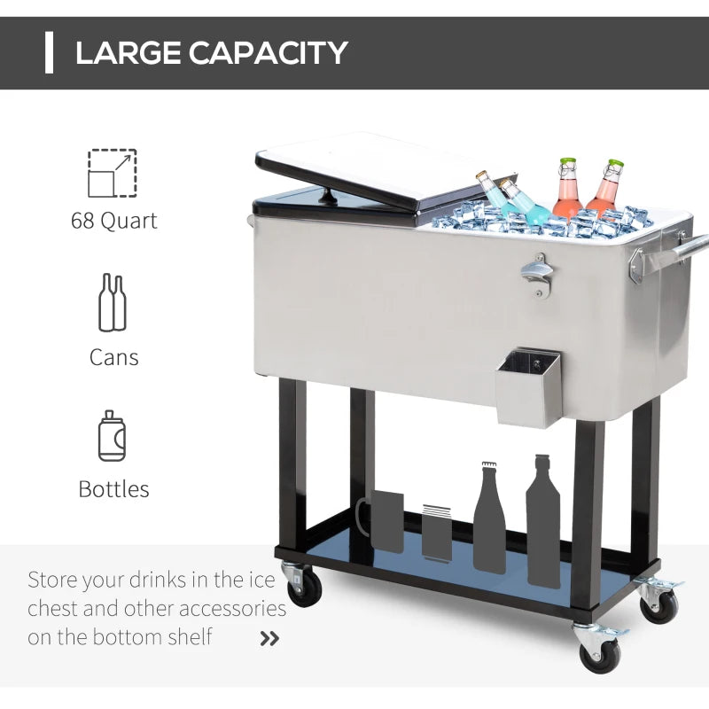 80 Quart Rolling Cooler Cart Ice Beer Beverage Cooling Bin for Outdoor Party, 35.4" x 15.4" x 32.7", Silver