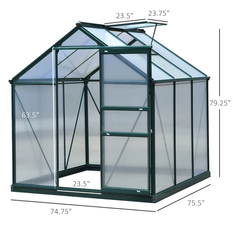 Outsunny 6.2' x 6.3' x 6.6' Clear Polycarbonate Greenhouse, Large Walk-In Green House Garden, Plants Grow, Galvanized Sheet Frame w/ Slide Door 