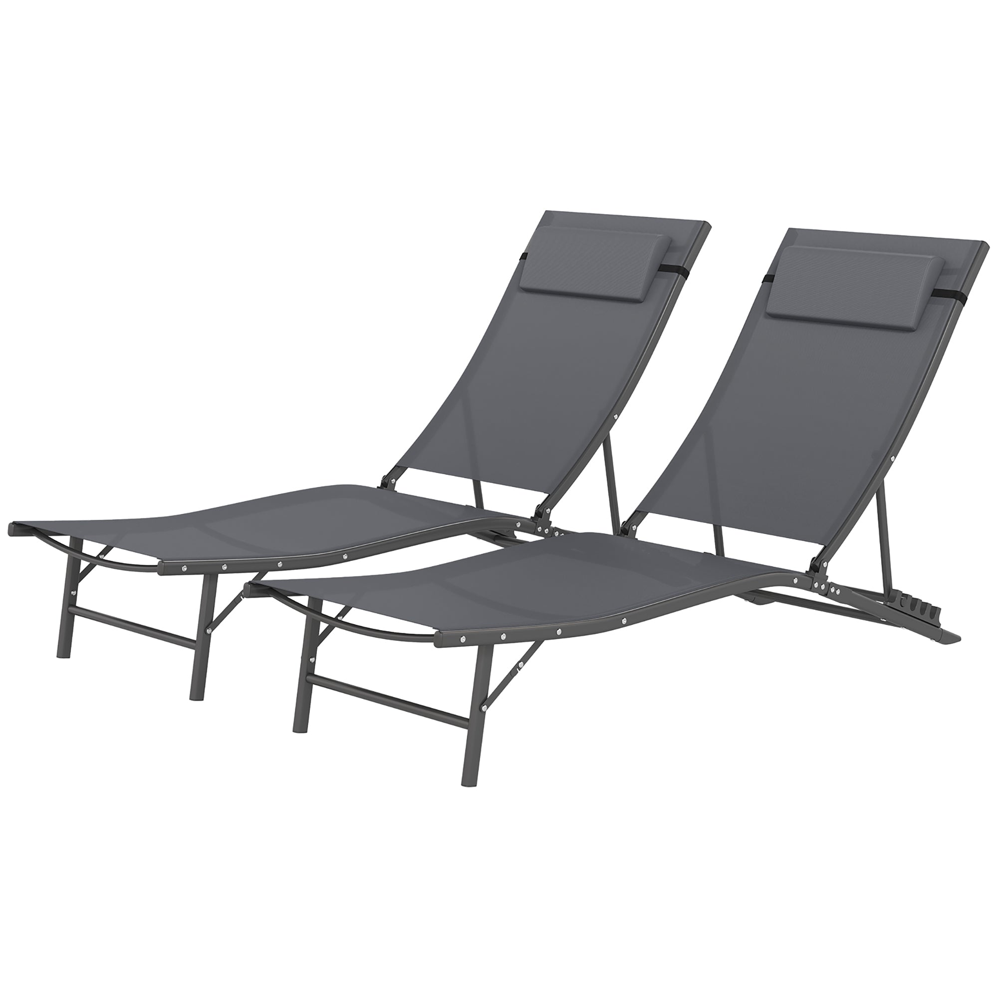 Outsunny Folding Outdoor Chaise Lounge Chair Set of 2 with Adjustable Backrest, Headrest, Mesh Seat for Beach, Poolside, Grey 