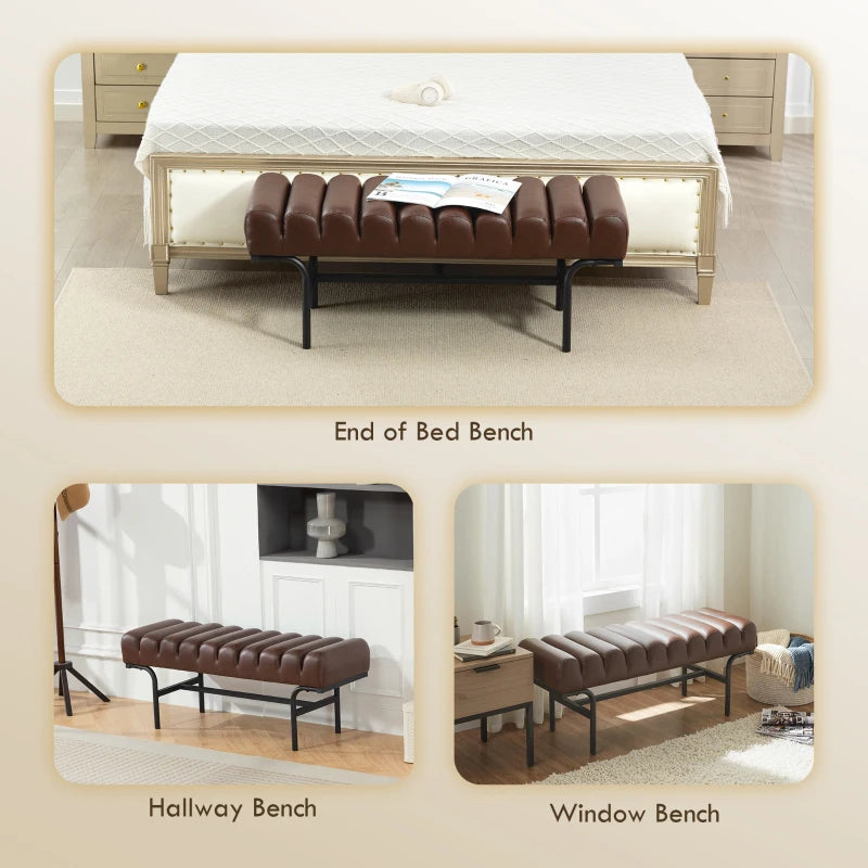Bedroom Bench PU Leather End of Bed Bench with Cylindrical Seat and Metal Legs for Bedroom Living Room Hallway Brown