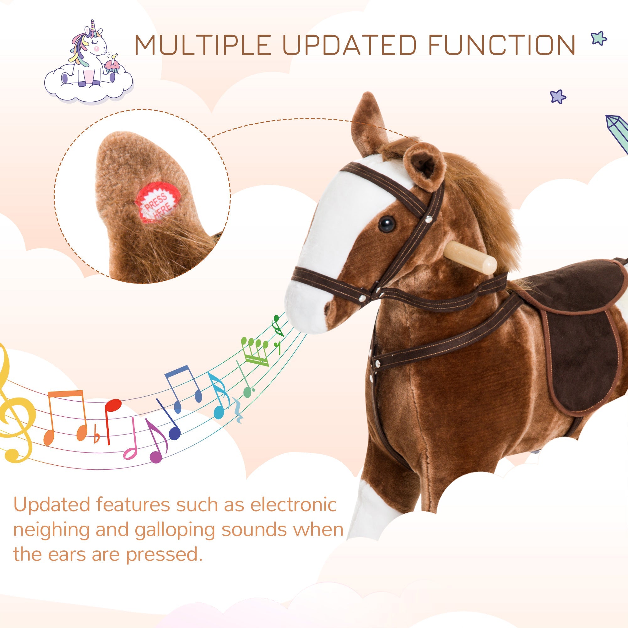 Qaba Kids Rocking Horse Plush Ride-On Toy Realistic Sounds Soft Brown Rocker Toddler Gift 