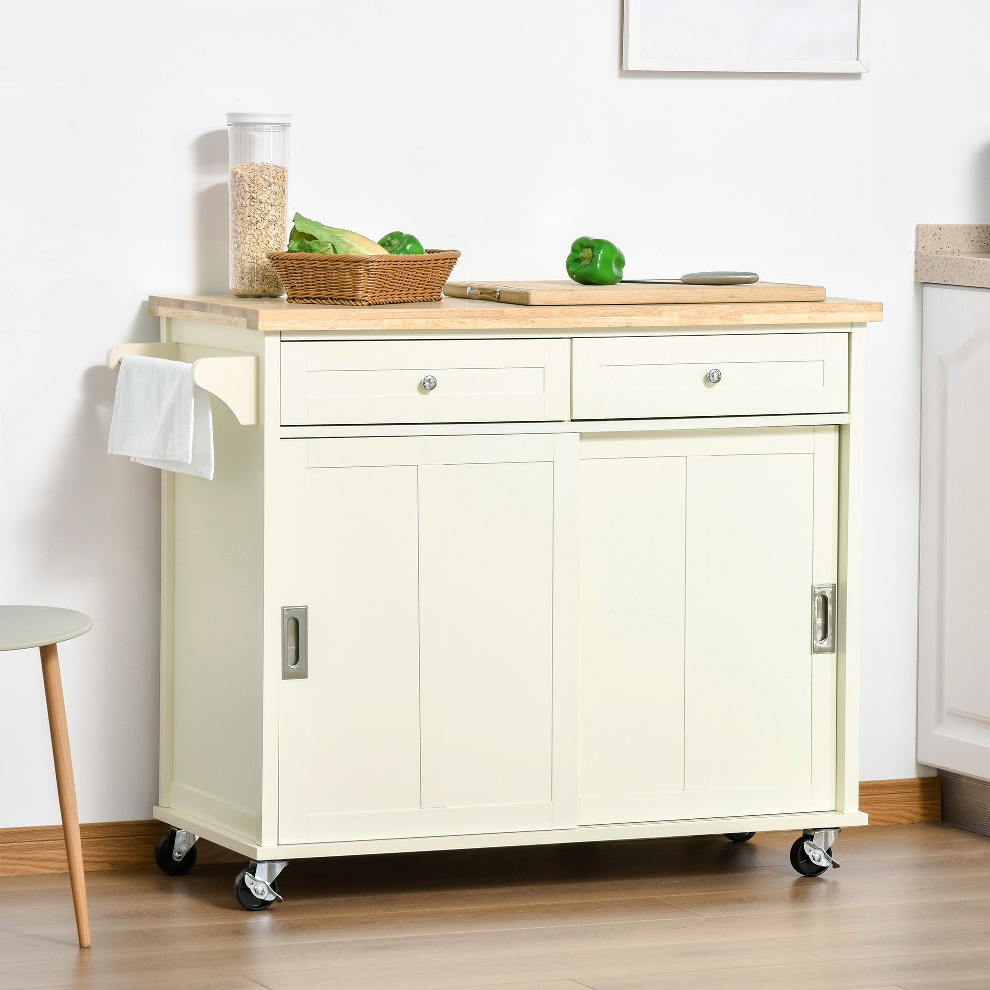 HOMCOM Kitchen Cart on Wheels Rubberwood Top 2 Drawers Towel Rack Cream White Versatile Furniture Storage Rolling Island 