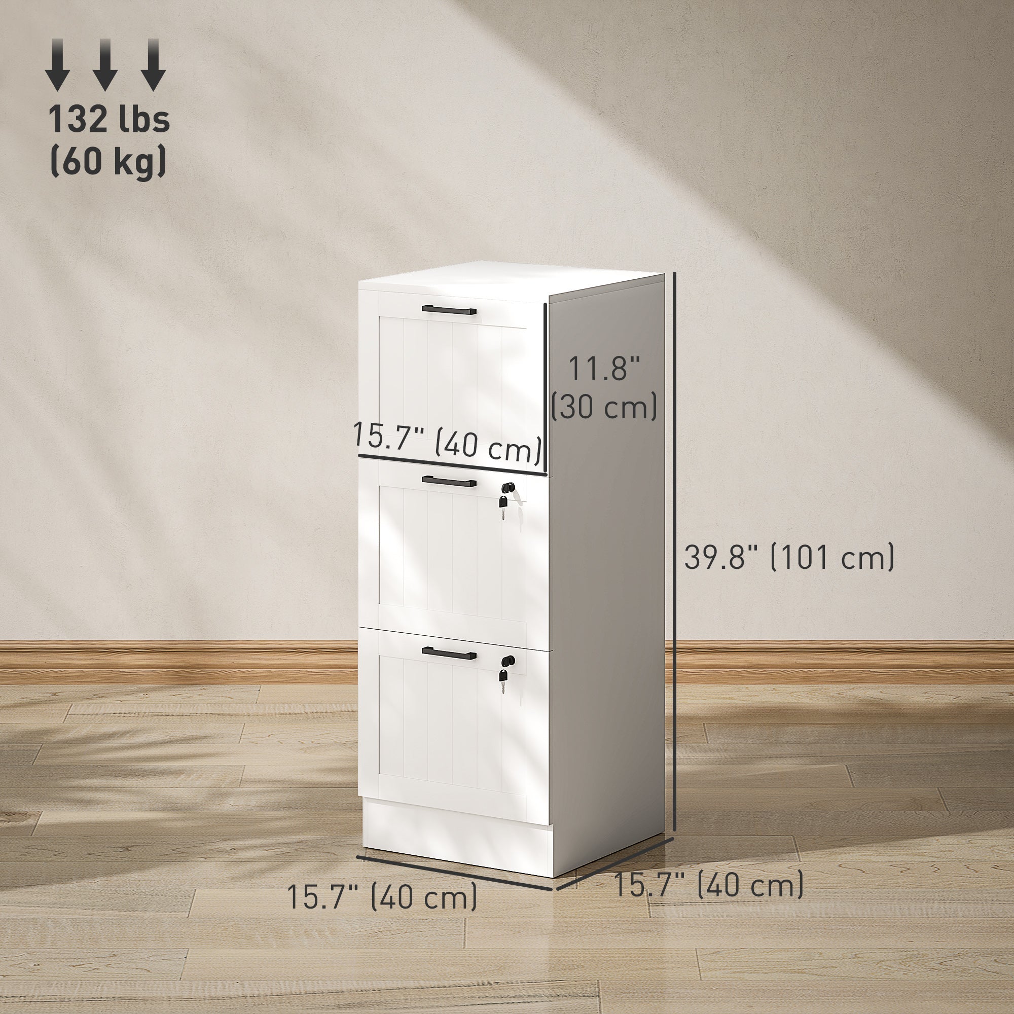 HOMCOM 3 Drawer Filing Cabinet with Lock, Office Storage Cabinet with Adjustable Hanging Bars for A4 Letter Size Files, White 