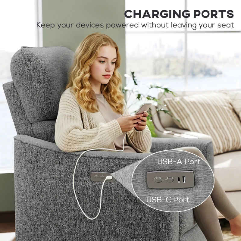 Power Recliner Chair, Linen-look Fabric Upholstered Recliner Chair with USB Ports, Footrest, Dark Grey
