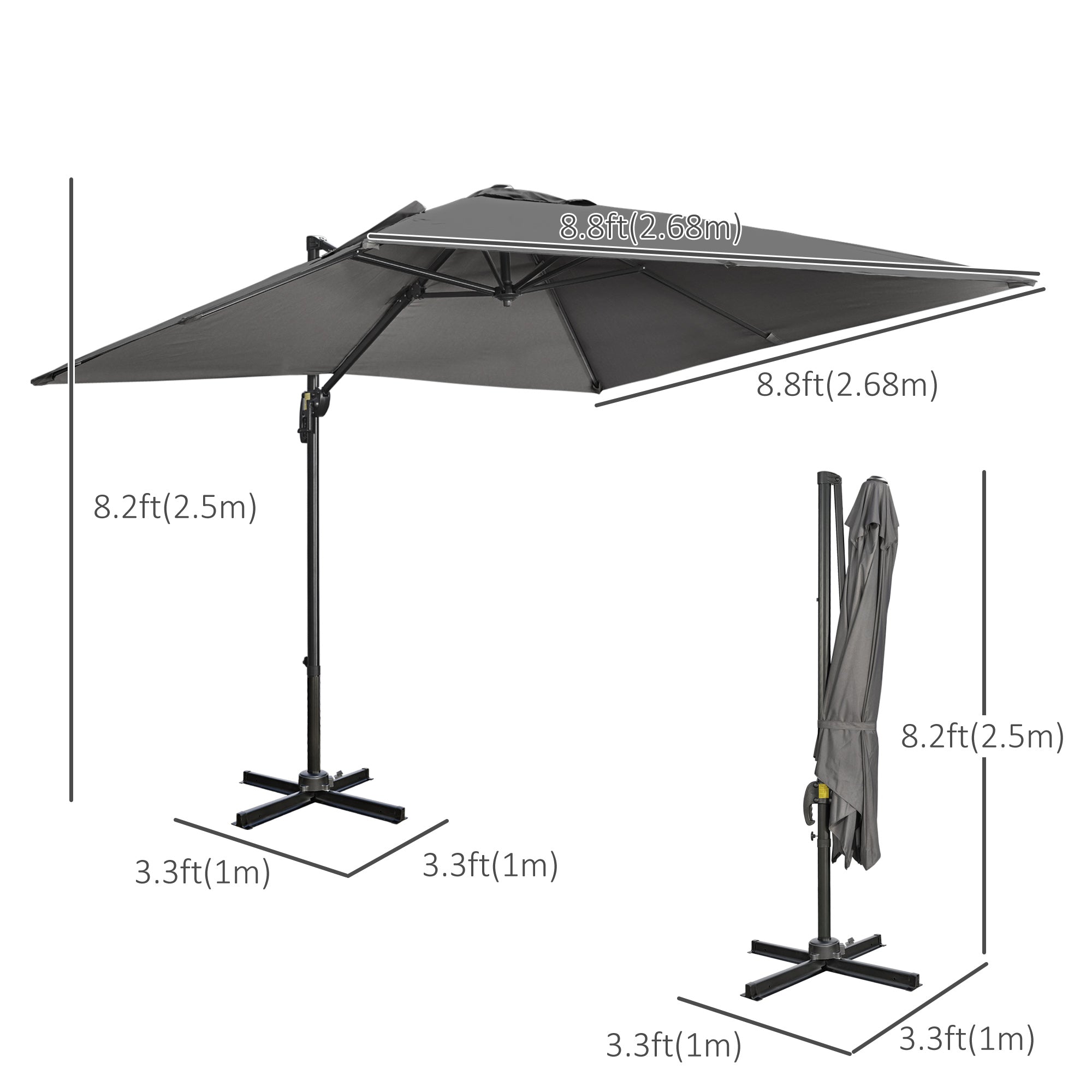 Outsunny 105" x 105" x 98" Cantilever Patio Umbrella with Cross Base, Crank Handle, Tilt, 360° Rotation and Aluminum Frame, Dark Grey 
