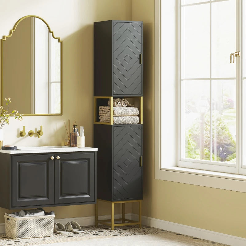 Tall Bathroom Storage Cabinet, Modern Narrow Bathroom Cabinet with Diamond Chevron Pattern and Adjustable Shelf, Black