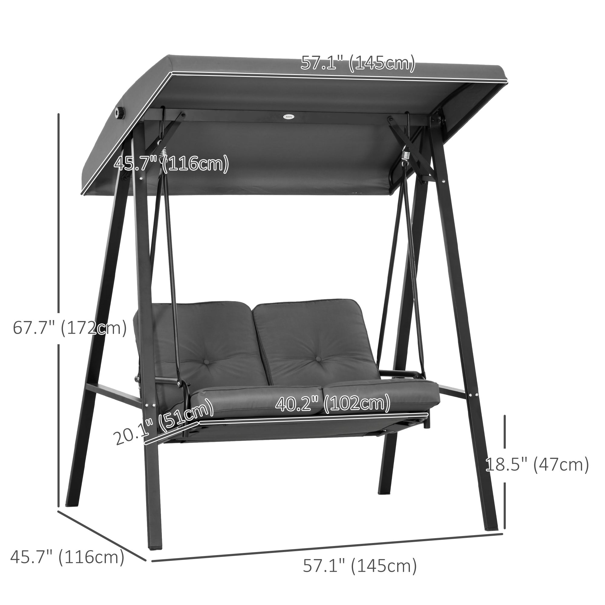 Outsunny 2-Seater Outdoor Porch Swing with Adjustable Canopy, Patio Swing Chair for Garden, Poolside, Backyard, Dark Grey 