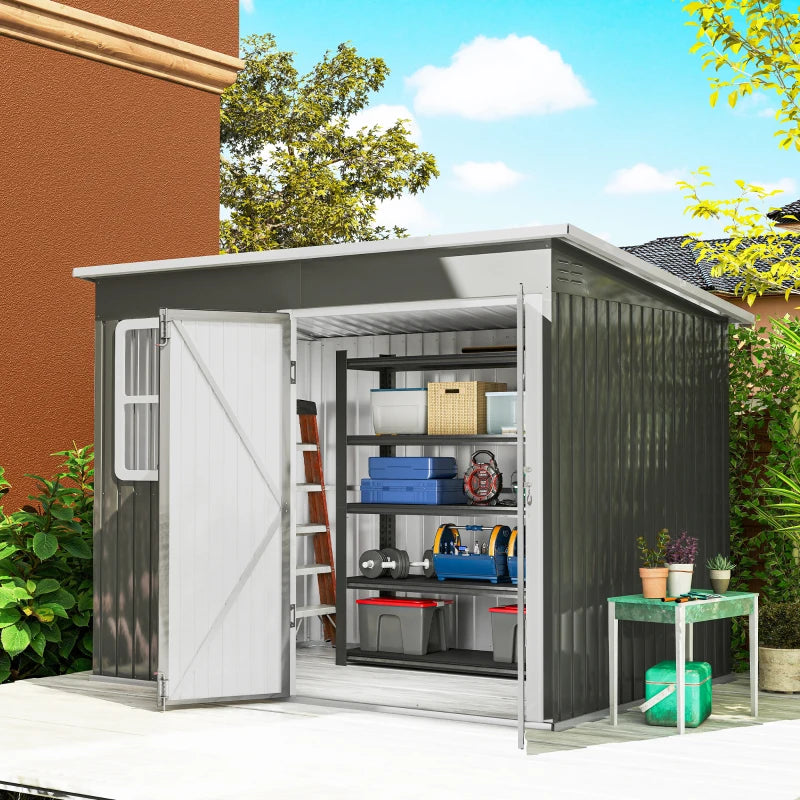 8.5' x 6' Galvanised Steel Outdoor Storage Shed, Garden Shed with Window, Lockable Wide Doors and Air Vents, Grey