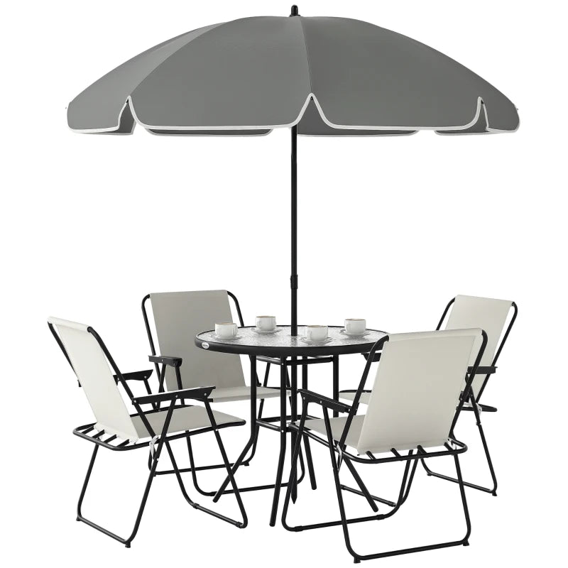 6 Pieces Patio Dining Set with Umbrella, Patio Furniture Set with Folding Chairs, Glass Table for Garden Backyard, Cream White