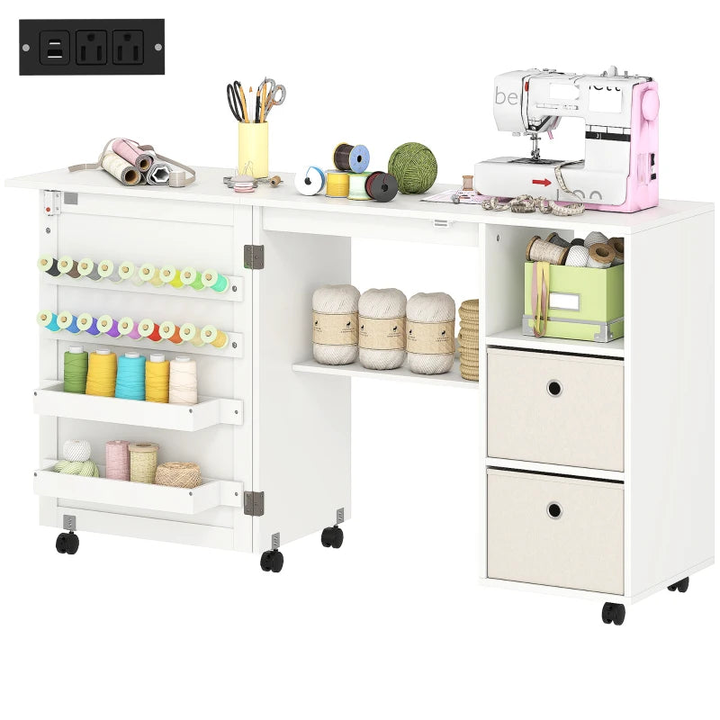Rolling Sewing Machine Table with Power Outlet, Folding Craft Table with 2 Fabric Drawers, 2 Bins and 18 Pegs, White