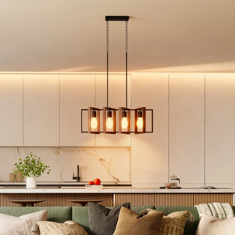 Farmhouse Kitchen Island Lighting, Linear Pendant Light with 4 Rotatable Frames and Adjustable Height, Walnut