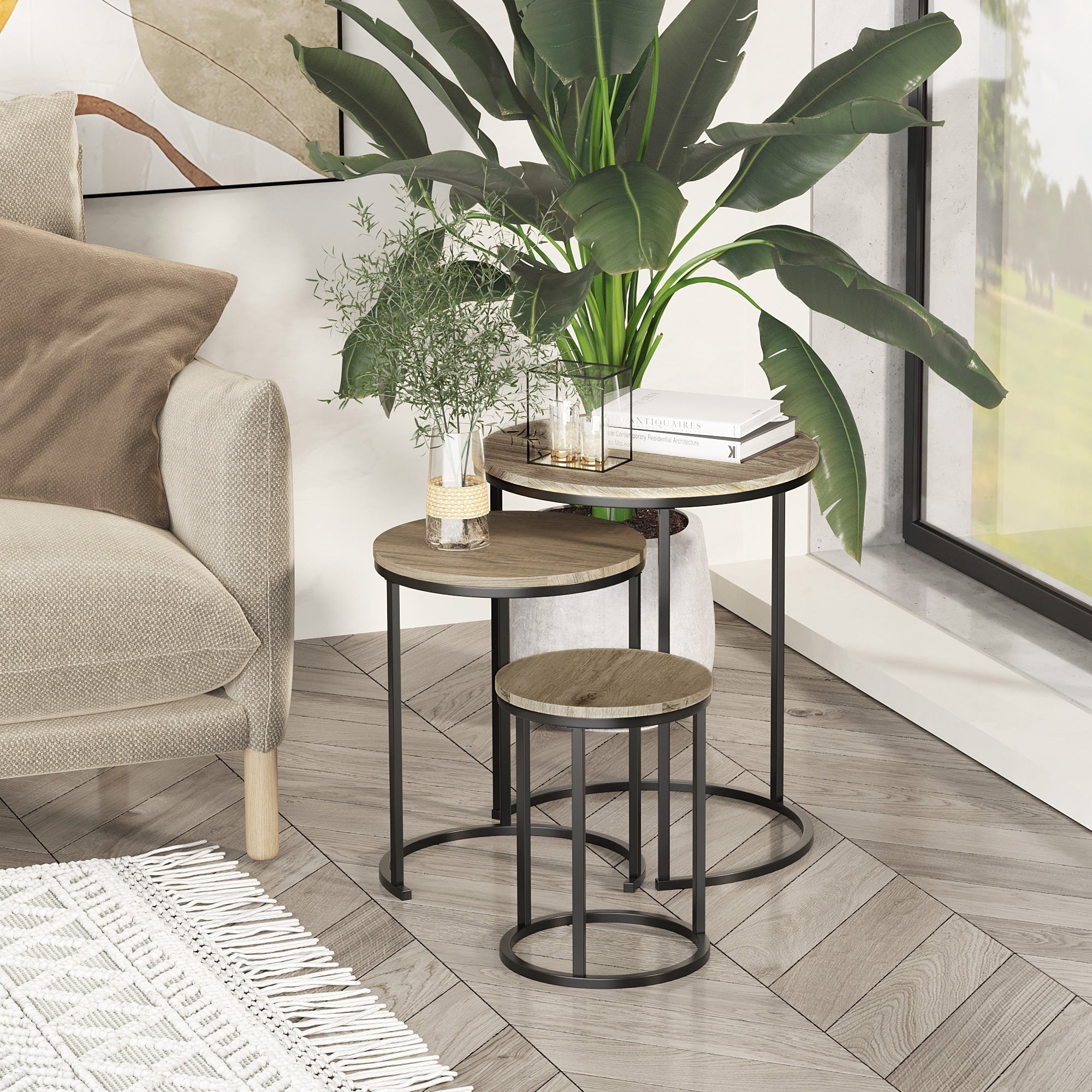 HOMCOM Modish Stacking Tables: Set of 3 Modern Nesting End Tables with Woodgrain Steel Frame for Living Room, Natural Wood 