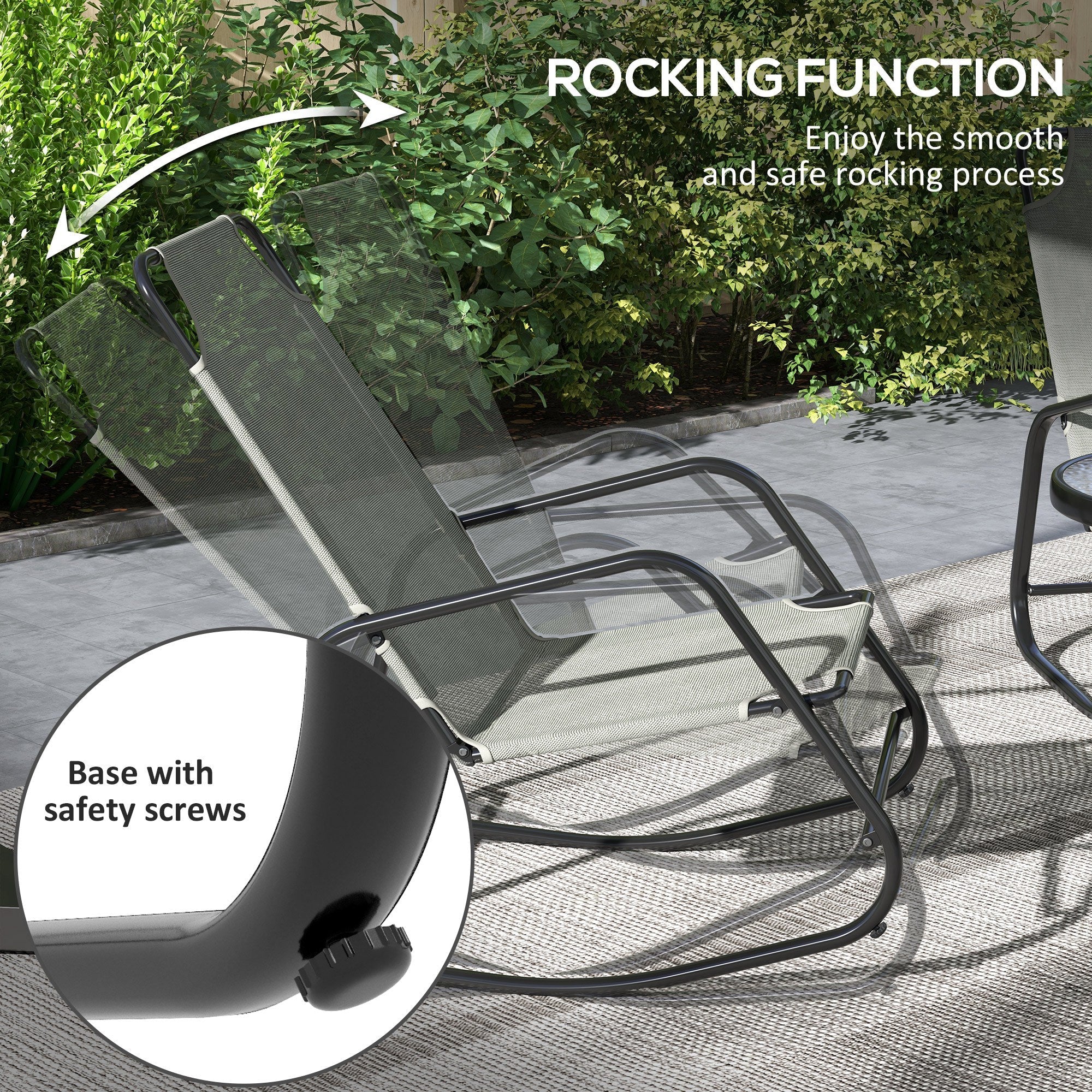 Outsunny Patio Rocking Chairs Set of 2, 3 Pieces Patio Bistro Set with Metal Frmae, Breathable Mesh Fabric Seat for Garden, Deck, Grey 