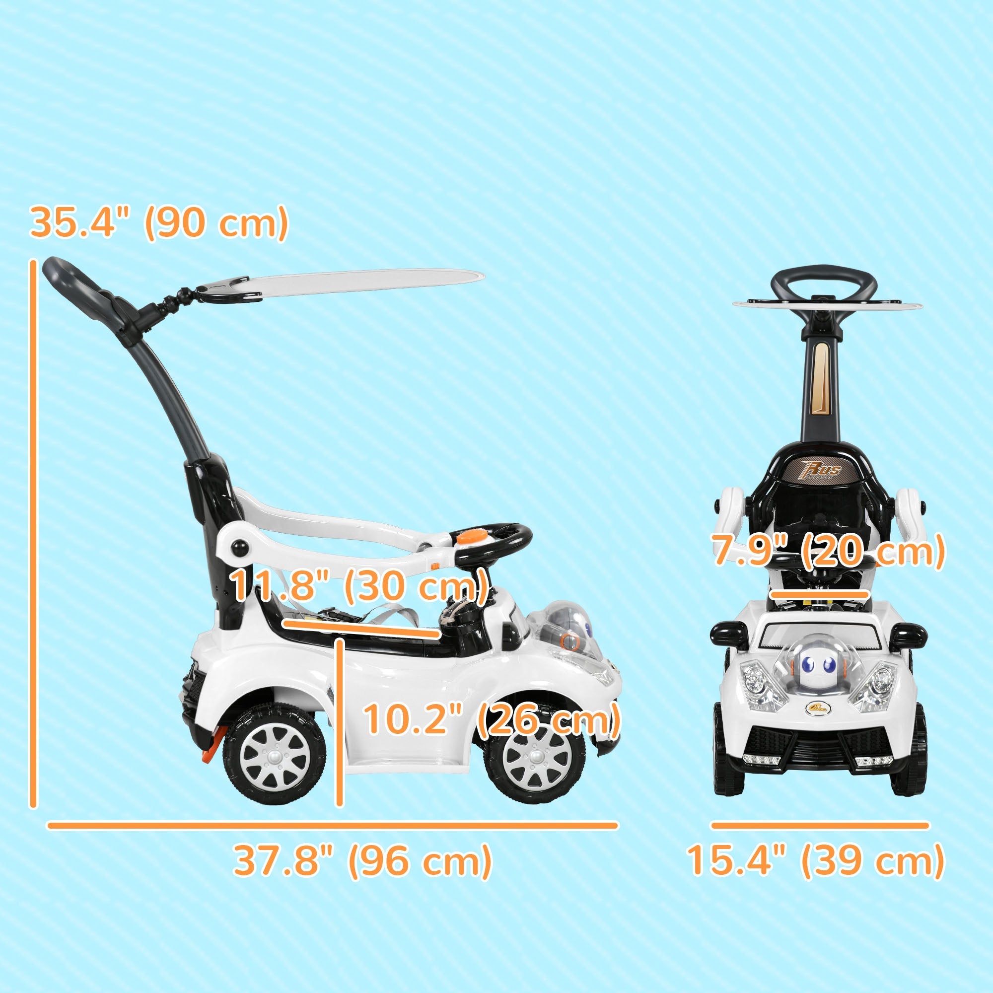 Qaba 3 in 1 Kids Push Car Toddler Sliding Car, Foot to Floor Design with Music, Light, Handle, Removable Canopy, White 