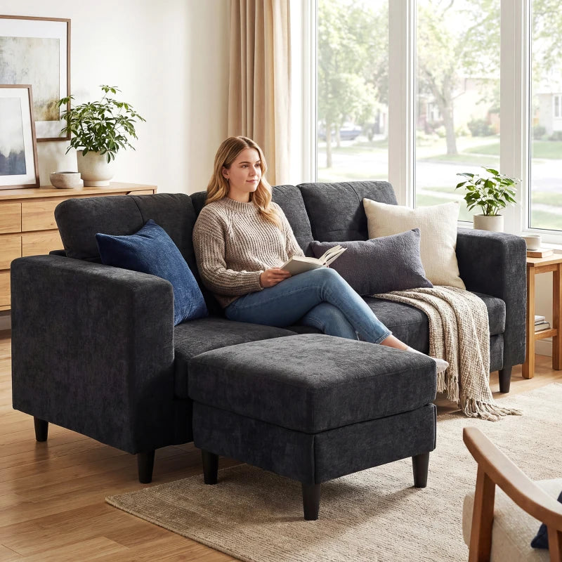 Sectional Sofa, L Shaped Corner Sofa with Changeable Chaise, High-density Foam Padding Seat, Linen Fabric, Wooden Legs, Black