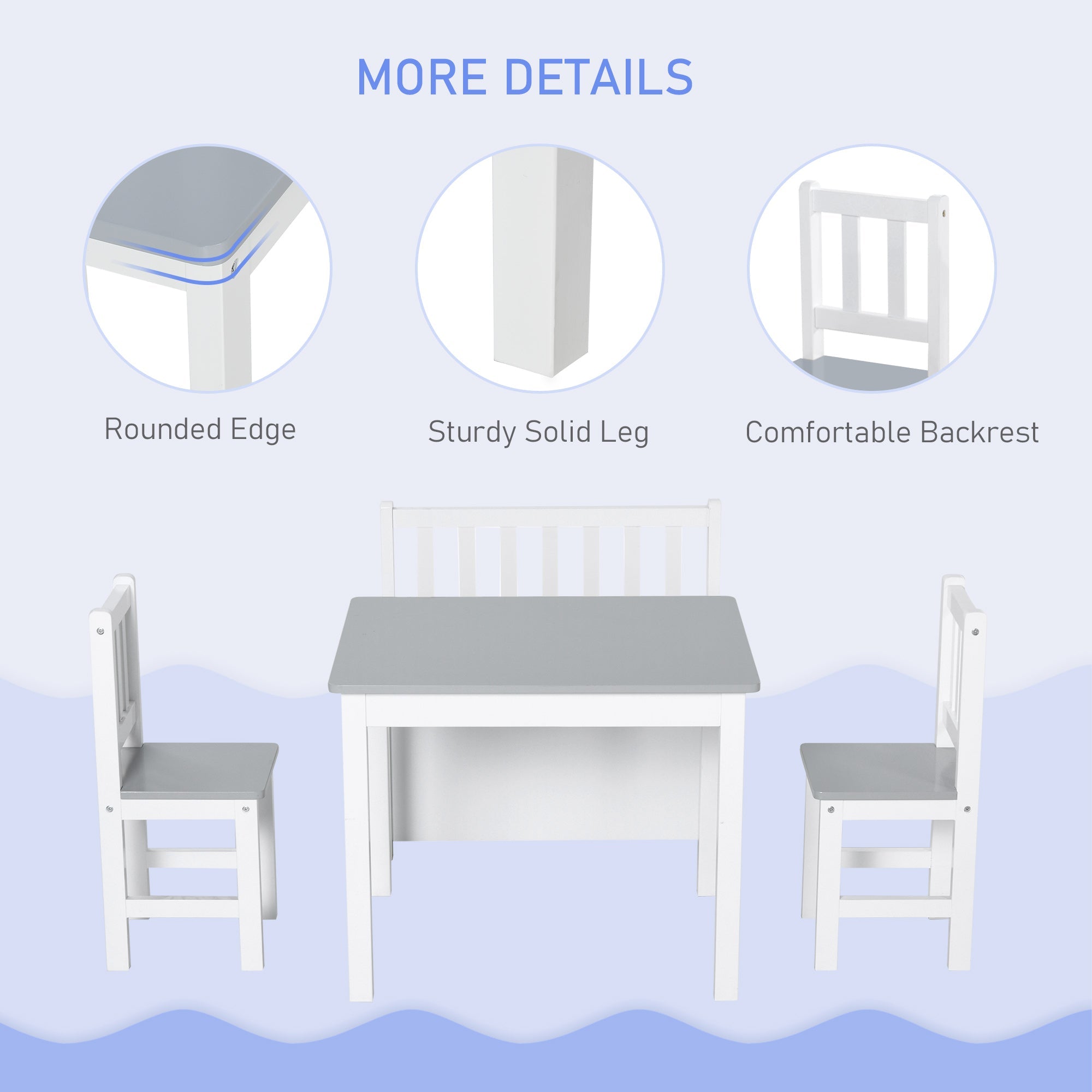 Qaba 4-Piece Kids Table Chair Bench Set: With Storage, Easy Clean, Grey/White for Boys & Girls 