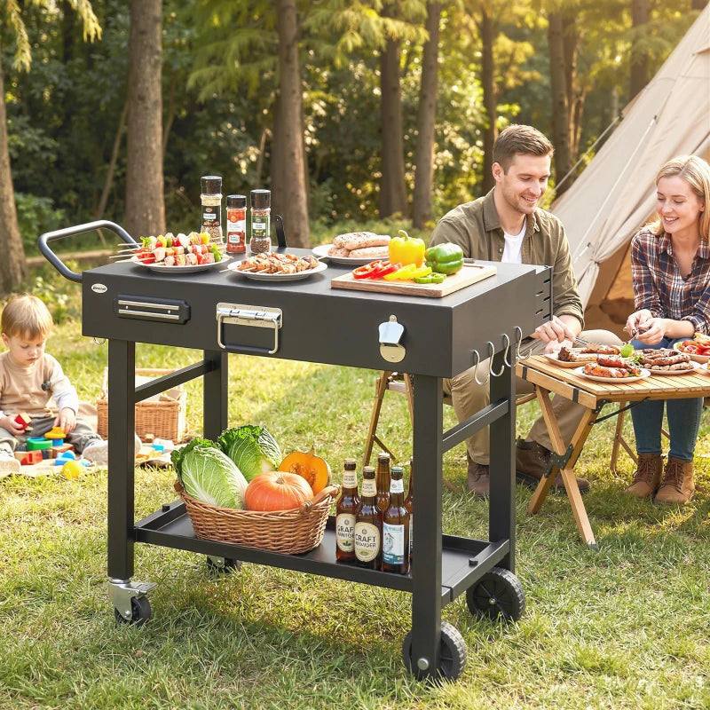 Outdoor Grill Cart, Folding Grill Table with Magnetic Knife Holder, Hooks, Spice Rack, Paper Rack, Black